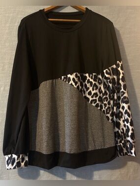Shein Top Pullover Long Sleeve Black/Gray/Animal Print Women’s Sz 0XL